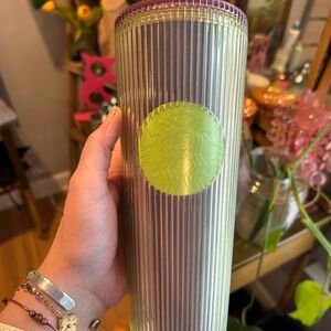 Starbucks Ribbed Tumbler with Purple Lid and Green Logo